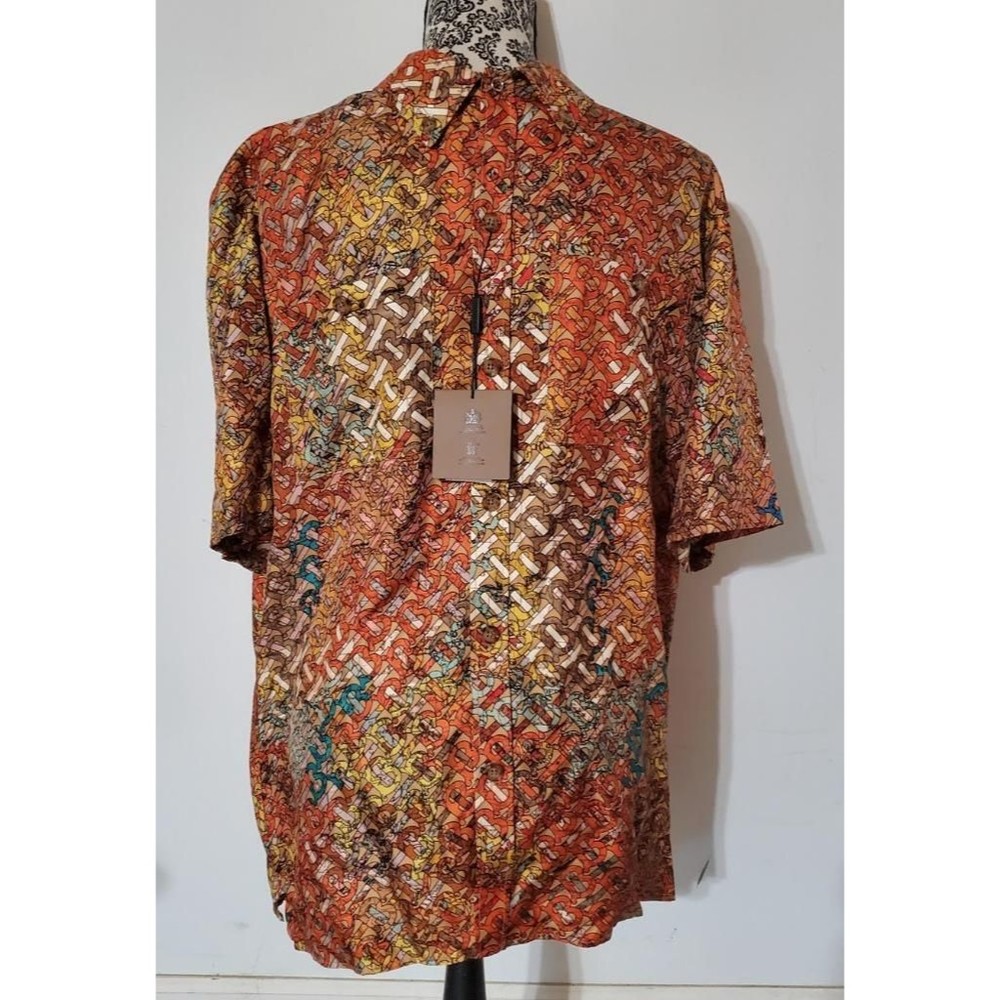 Burberry Wallington Size Large Orange Monogram Map Print Silk Shirt